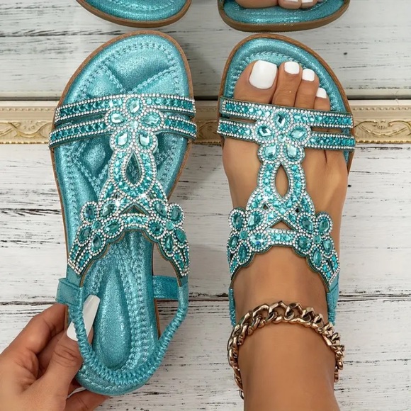 New Embellished Turquoise Rhinestones Sandals Studded Comfortable Shiny Sparkle - Picture 16 of 16